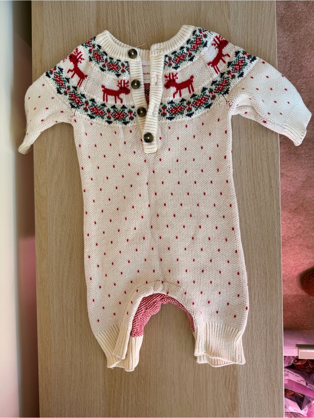 Hanna Andersson Cream Fair Isle SweateOne-Piece with Red and Green Reindeer Yoke
